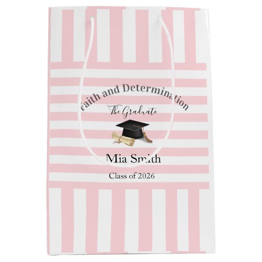 Gift Bags Pink White Stripe Graduation 2026 ミディアムペーパーバッグ (正面)