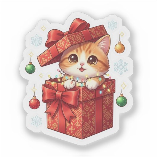 Gift Box Surprise Cute Cat Popping Out Christmas シール (正面)