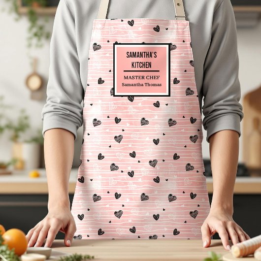 Gift for Her Pink Black Heart Love Valentine Apron エプロン