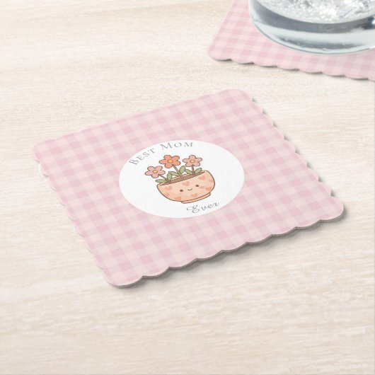 Gift For Mom,Best Mom Ever,Pink Checkered ペーパーコースター (アングル)