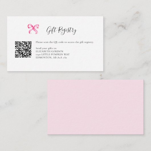 Gift Registry Pink Bow Baby Shower QR Code エンクロージャーカード (正面/裏面)