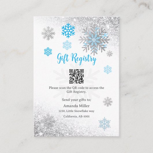 Gift Registry Snowflake Winter Baby Shower QR Code エンクロージャーカード (正面)