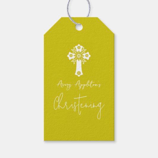 Gift Tag Floral Cross Baptism Yellow ギフトタグ (正面)