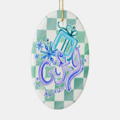 Gifty Time Blue Purple Checkerboard Oval  セラミックオーナメント (右)