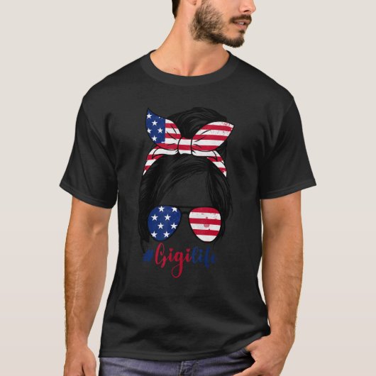 Gigi Life Messy Bun American米国国旗Patriotic 4th Tシャツ (正面)