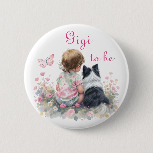 Gigi to be | ピンクのベビーと子犬のベビーシャワー 缶バッジ (正面)
