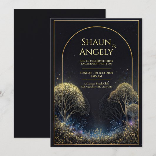 Gilded Arch Midnight Starry Forest Wedding 招待状 (正面/裏面)