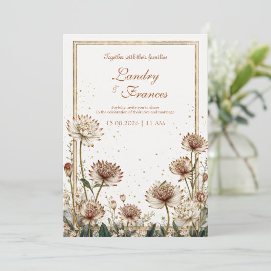 Gilded Astrantia Botanical Cream Wedding 招待状 (スタンド正面)