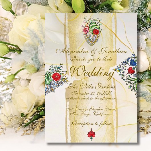 Gilded Baroque Sacred Heart Mexican Wedding 招待状