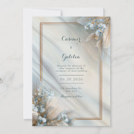 Gilded Blue Floral Cream Fluid Marble Wedding 招待状