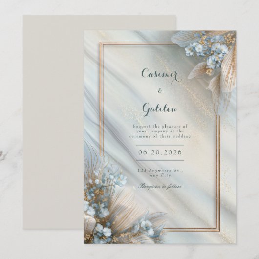 Gilded Blue Floral Cream Fluid Marble Wedding 招待状 (正面/裏面)