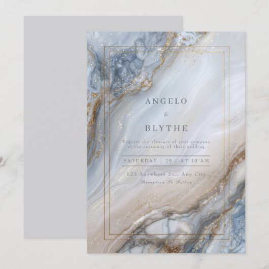 Gilded Blue Marble Agate Swirl Wedding 招待状 (正面/裏面)