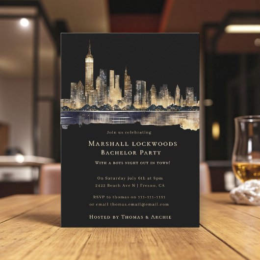 Gilded Cityscape Night Bachelor Party Invitation 招待状