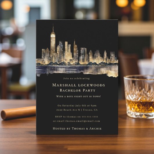 Gilded Cityscape Night Bachelor Party Invitation 招待状