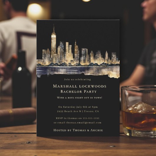 Gilded Cityscape Night Bachelor Party Invitation 招待状