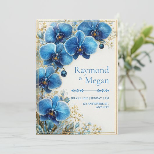 Gilded Cobalt Blue Orchid Botanical Wedding 招待状 (スタンド正面)