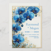 Gilded Cobalt Blue Orchid Botanical Wedding 招待状 (正面/裏面)