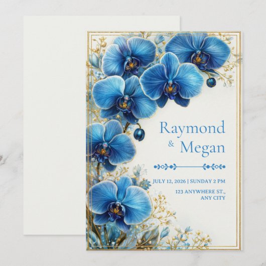 Gilded Cobalt Blue Orchid Botanical Wedding 招待状 (正面/裏面)