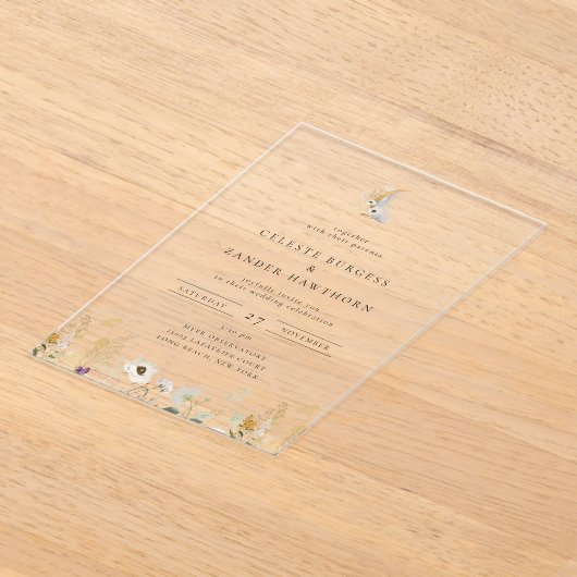 Gilded Crescent Moon Wildflower Wedding アクリル招待状 (レイダウン)