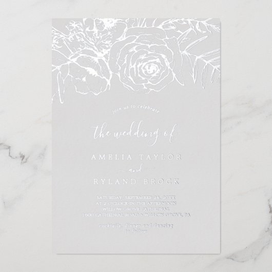 Gilded Floral | 銀箔グレー 結婚式用 箔招待状 (正面)