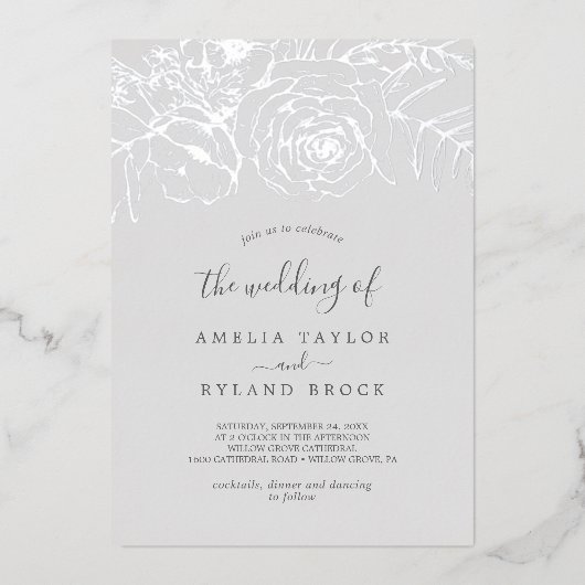 Gilded Floral | 銀箔グレー 結婚式 箔招待状 (正面)