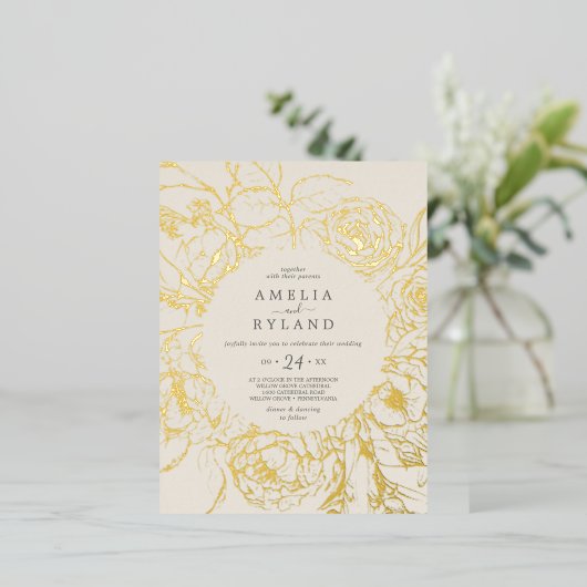 Gilded Floral | Gold Foil Cream 4.25x5.6" Wedding 箔招待状ポストカード (立ち正面)