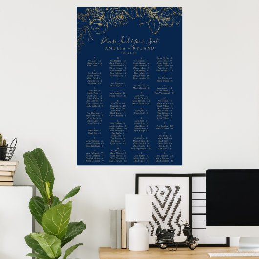 Gilded Floral | Navy Alphabetical Seating Chart ポスター (ホームオフィス)
