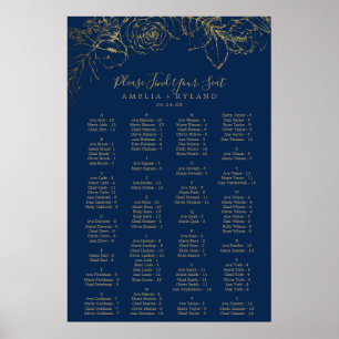 Gilded Floral Navy Alphabetical Seating Chart ポスター