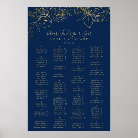 Gilded Floral | Navy Alphabetical Seating Chart ポスター (正面)
