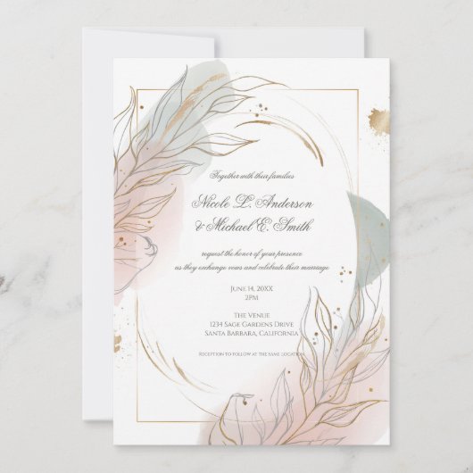 Gilded Gold Sage & Blush Botanical Wedding  招待状 (正面)