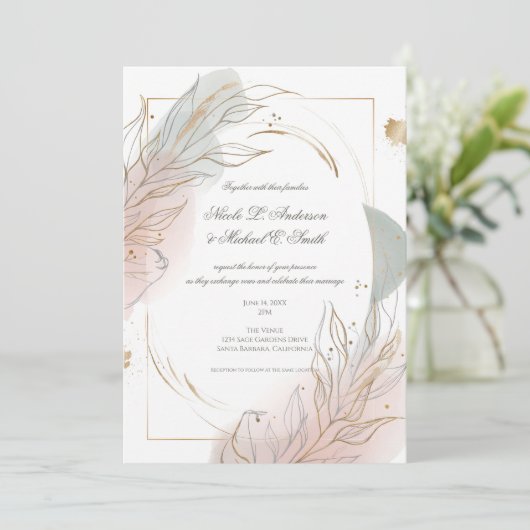 Gilded Gold Sage & Blush Botanical Wedding  招待状 (スタンド正面)