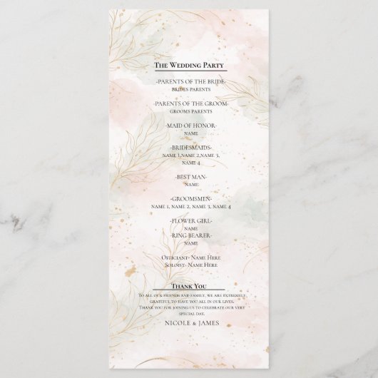 Gilded Gold Sage & Blush Botanical Wedding Program メニュー (裏面)