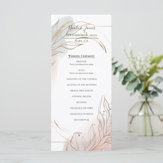 Gilded Gold Sage & Blush Botanical Wedding Program メニュー (スタンド正面)