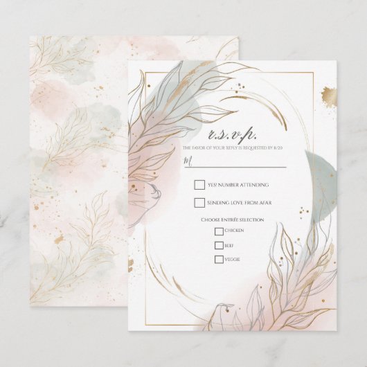 Gilded Gold Sage & Blush Botanical Wedding RSVP 招待状 (正面/裏面)
