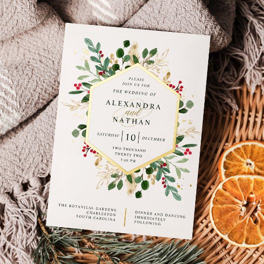 Gilded Greenery on White | クリスマス ウェディング 箔招待状
