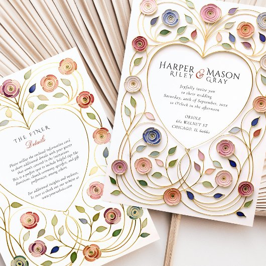 Gilded Heart Frame Floral Enamel Wedding 招待状