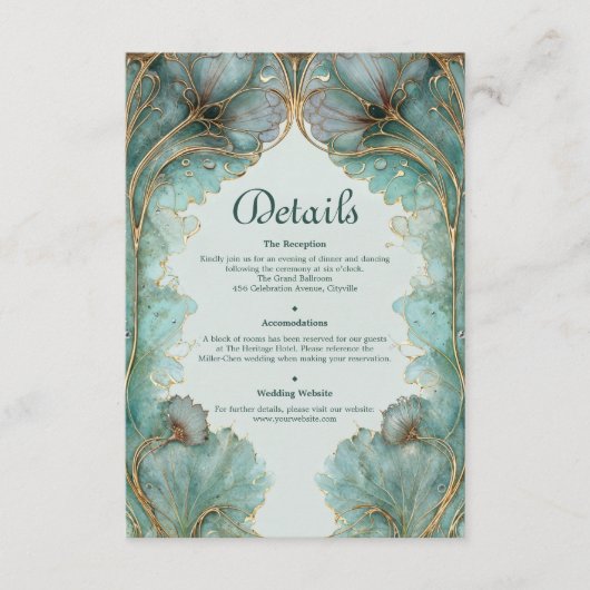 Gilded Lilypad Art Nouveau Teal and Gold Wedding エンクロージャーカード (正面)
