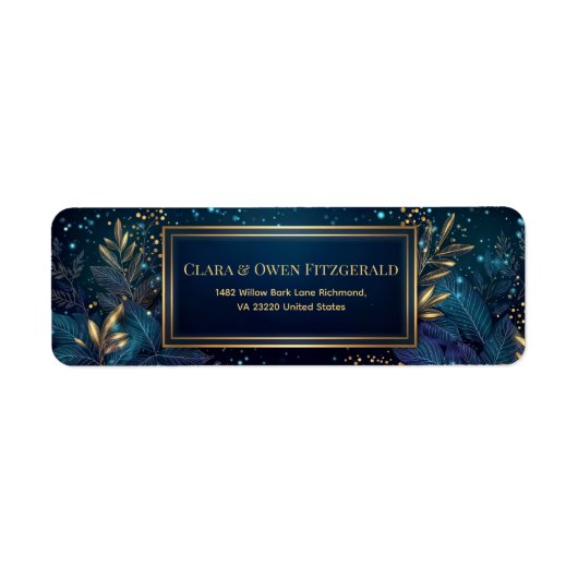 Gilded Midnight Navy Botanical Return Address ラベル (正面)