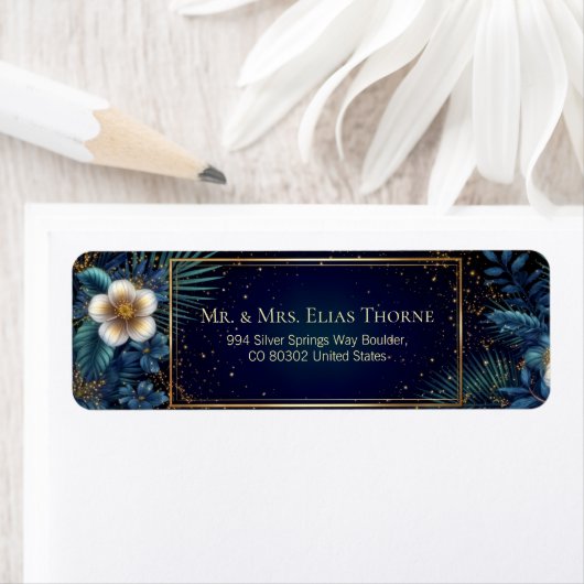 Gilded Midnight Navy Starry Botanical Address ラベル (インサイチュ)