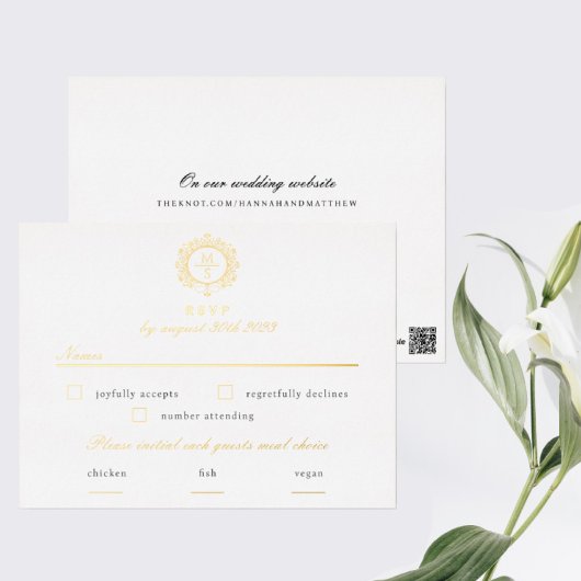 Gilded Monogram RSVPのエンク結婚ロージャカード 箔招待状ポストカード