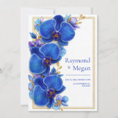 Gilded Royal Blue Orchid Botanical Wedding 招待状 (正面)