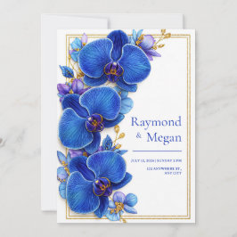 Gilded Royal Blue Orchid Botanical Wedding 招待状