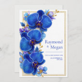 Gilded Royal Blue Orchid Botanical Wedding 招待状 (正面/裏面)