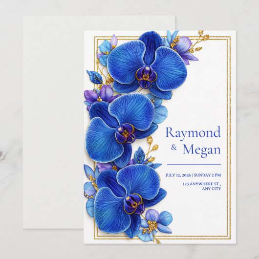 Gilded Royal Blue Orchid Botanical Wedding 招待状 (正面/裏面)