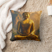 Gilded Seated Buddha Under a Sunset Sky クッション (ブランケット)