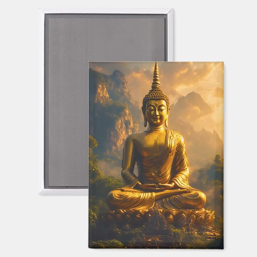 Gilded Seated Buddha Under a Sunset Sky マグネット (正面/裏面)