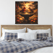 Gilded Shadows: Cardinal Pair & Stone Fountain キャンバスプリント (インサイチュ (寝室))