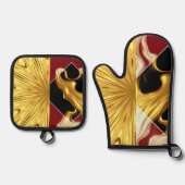 Gilded Zenith Opulent Swirl Crimson & Gold Luxury 鍋つかみ&鍋敷きセット (正面)
