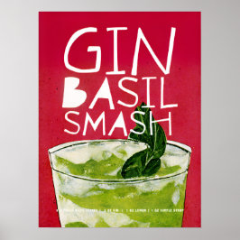 Gin Basil Smash:レトロ・カクテルレッドアート ポスター