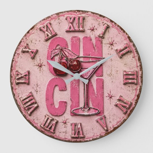 Gin Martini Pink Retro Cocktail Bar Decor  ラージ壁時計 (正面)